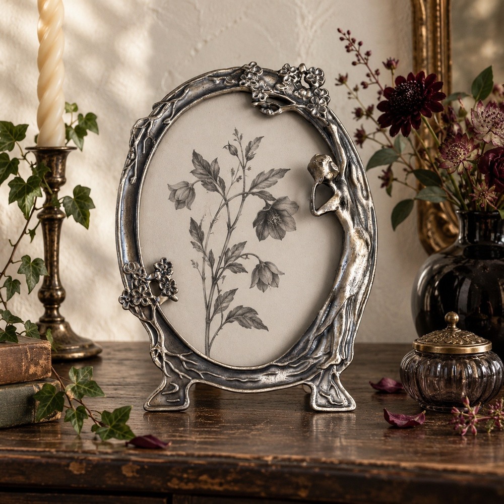 Silver Pewter Floral Nymph Oval Picture Frame 5 x 7 Art Nouveau Whimsygoth Decor